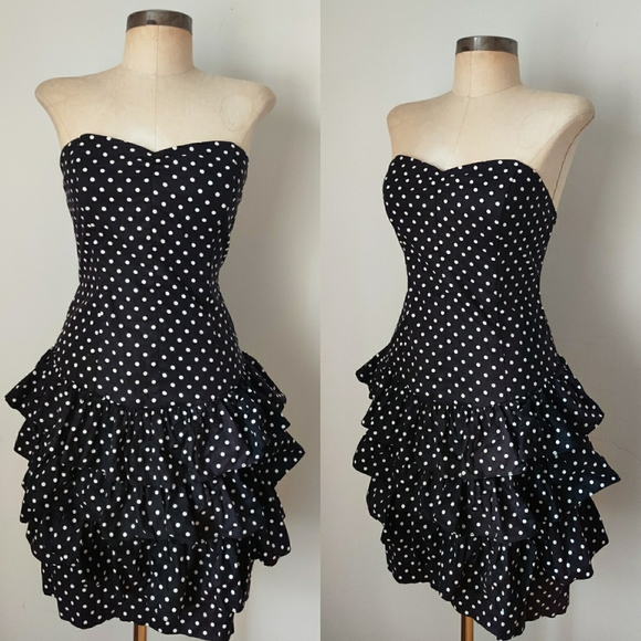 Vintage Dresses & Skirts - 80s Vtg Strapless Ruffled Blac Polka Dot Dress xs Vintage Dresses & Skirts - 80s Vtg Strapless Ruffled Blac Polka Dot Dress xs